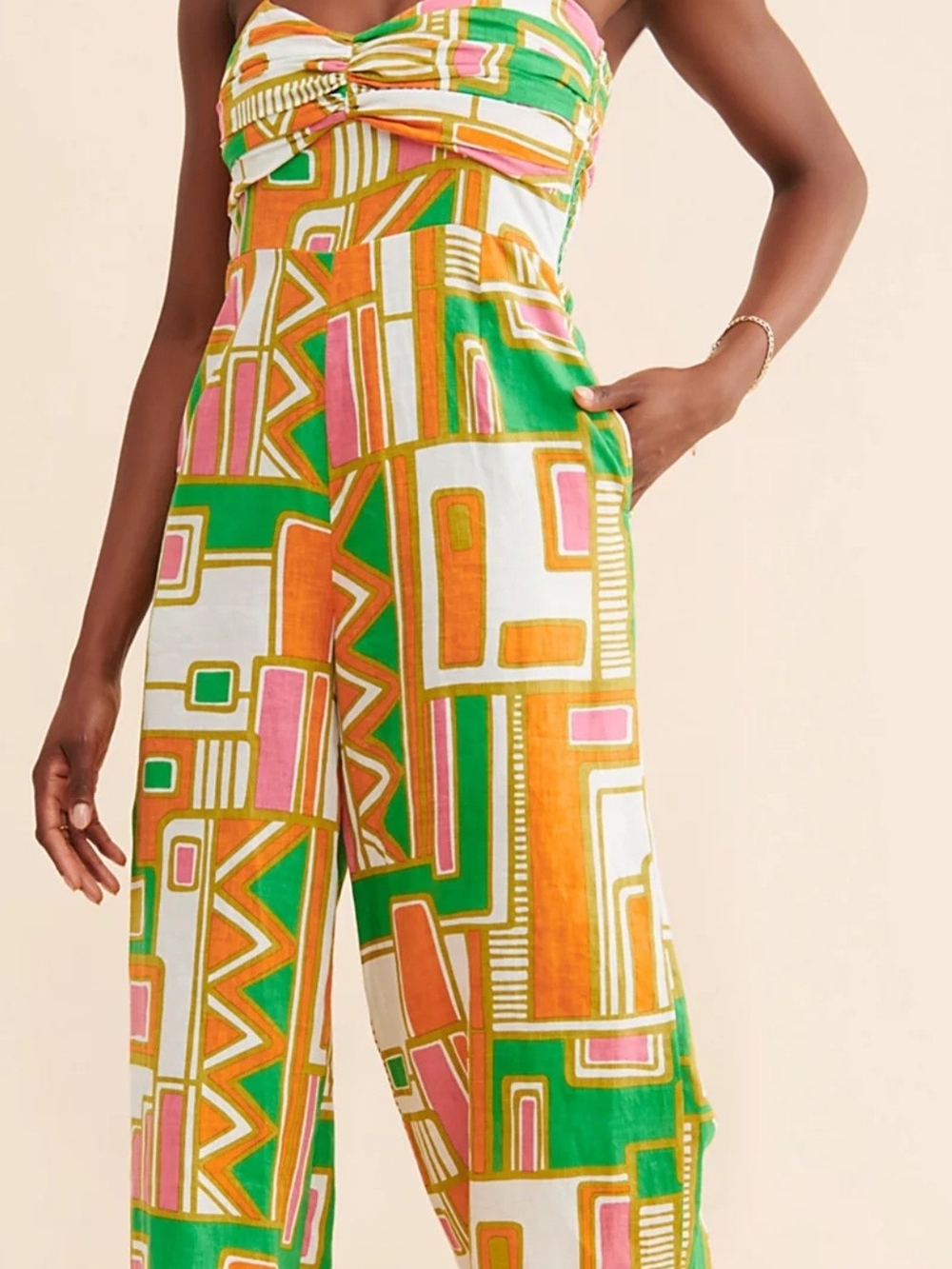 Geometric Strapless Wide-Leg Jumpsuit in Green & Orange